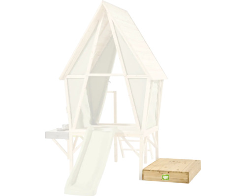 EXIT Toys Spielhaus aus Holz mit Rutsche und Sandkasten, weißes Stelzenhaus mit Satteldach für den Garten, EXIT Toys Logo