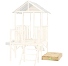 Holz-Spielhaus auf Stelzen mit Leiter und separatem Sandkasten, Exit Toys Logo.