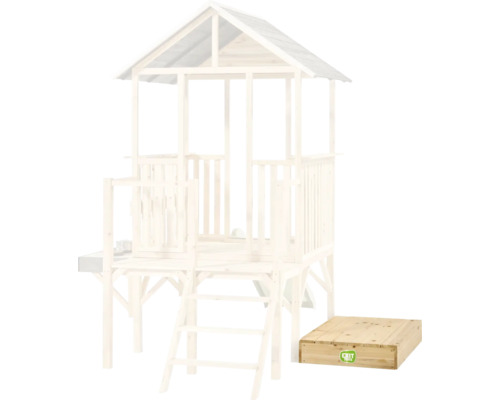 Holz-Spielhaus auf Stelzen mit Leiter und separatem Sandkasten, Exit Toys Logo.