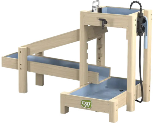 EXIT Toys hölzerne Wasserbahn für Kinder mit Handpumpe, Wasserhahn und drei Becken auf verschiedenen Ebenen.