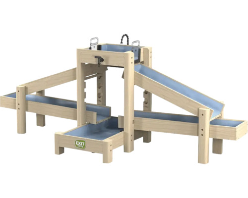 Wasserbahn aus Holz mit mehreren Ebenen, Rinnen und Becken für Kinder im Garten, EXIT Toys Logo.