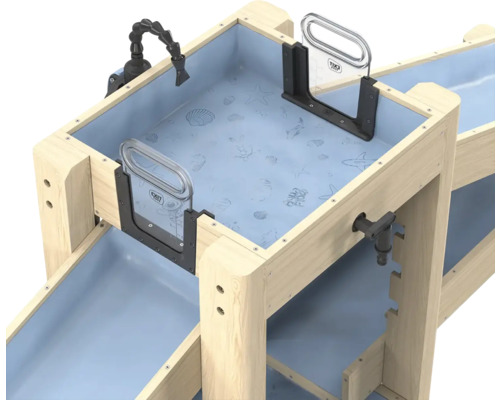 EXIT TOYS Wasserspieltisch aus Holz mit zwei blauen Becken, Schleusen und einer flexiblen Wasserbrause.