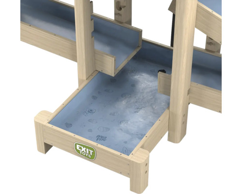 EXIT Toys Aqua Flow Wasserbahn aus Holz mit mehreren Ebenen und blauen Kunststoffbecken.