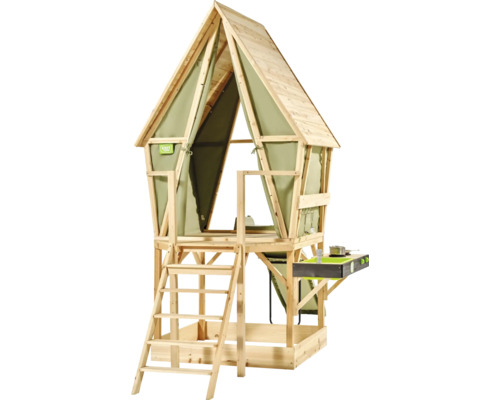 EXIT Toys Spielhaus aus Holz mit Leiter, Sandkasten und Spielküche.