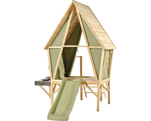 Kinderspielhaus aus Holz mit Rutsche, Stoffwänden und seitlicher Spielküche.