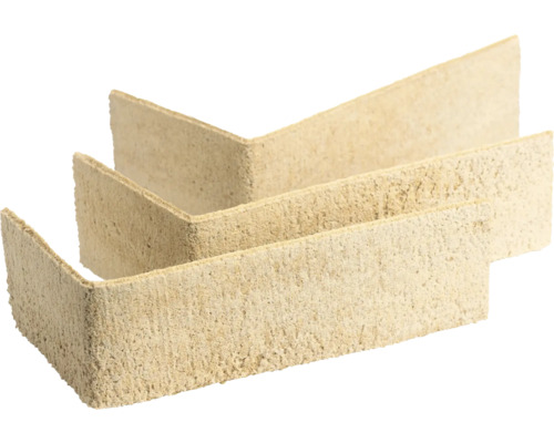 Beige Eck-Verblender aus Leichtbeton mit rauer Oberfläche in Natursteinoptik.