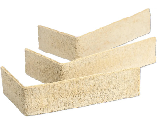 Drei beige, winkelförmige Verblendsteine mit strukturierter Oberfläche.