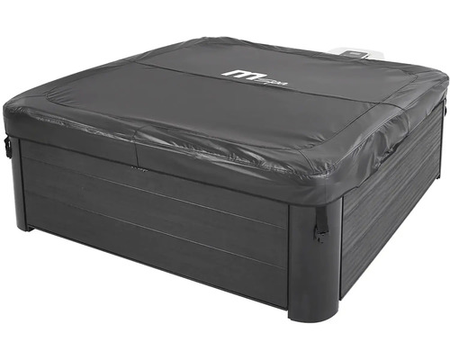 Quadratischer MSpa Whirlpool mit dunkler Verkleidung in Holzoptik und passender Abdeckung inklusive MSpa Logo.