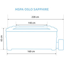 Whirlpool MSPA Oslo Sapphire Abmessungen: Breite 160 Zentimeter, Gesamtbreite 228 Zentimeter, Innenbreite 140 Zentimeter, Höhe 65 Zentimeter.