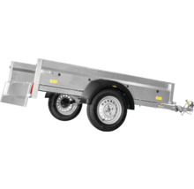 Pkw-Anhänger mit zwei Achsen, offener Ladefläche und klappbarer Rückwand aus verzinktem Stahl.