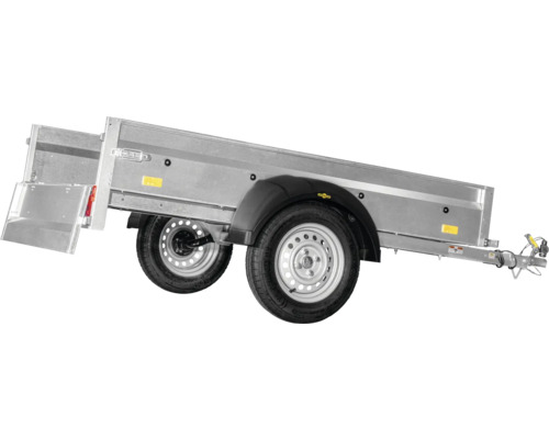 Pkw-Anhänger mit zwei Achsen, offener Ladefläche und klappbarer Rückwand aus verzinktem Stahl.