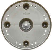 Unteransicht eines runden elho Untersetzers aus Kunststoff mit 25 Zentimeter Durchmesser, 5,5 Liter Volumen und Entwässerungslöchern.