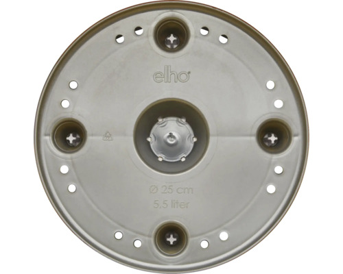Unteransicht eines runden elho Untersetzers aus Kunststoff mit 25 Zentimeter Durchmesser, 5,5 Liter Volumen und Entwässerungslöchern.