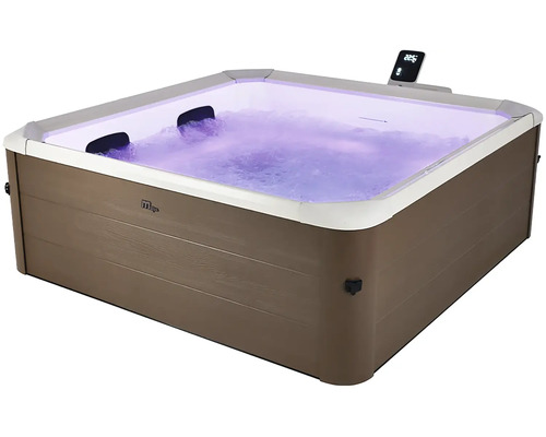 Quadratischer Whirlpool mit brauner Außenverkleidung, LED-Beleuchtung, Kopfstützen und digitalem Bedienfeld.