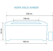 Maßzeichnung des Whirlpools MSPA Oslo Amber mit Breiten von 228, 160 und 140 Zentimetern sowie einer Höhe von 65 Zentimetern.