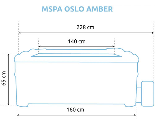 Maßzeichnung des Whirlpools MSPA Oslo Amber mit Breiten von 228, 160 und 140 Zentimetern sowie einer Höhe von 65 Zentimetern.
