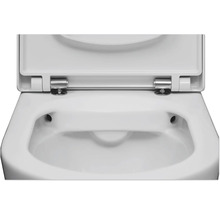 Spülrandlose Toilette aus weißer Keramik mit Scharnieren aus Edelstahl.