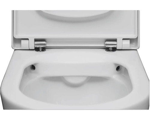 Spülrandlose Toilette aus weißer Keramik mit Scharnieren aus Edelstahl.