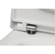 Nahaufnahme eines weißen WC-Sitzes mit einem stabilen Scharnier aus Edelstahl.