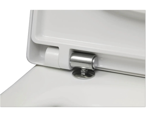 Nahaufnahme eines weißen WC-Sitzes mit einem stabilen Scharnier aus Edelstahl.