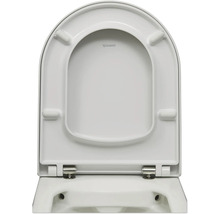 Weißer Duravit WC-Sitz mit Deckel, geöffnete Ansicht, ovale Form mit Edelstahlscharnieren.