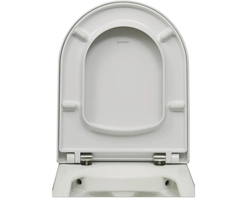 Weißer Duravit WC-Sitz mit Deckel, geöffnete Ansicht, ovale Form mit Edelstahlscharnieren.