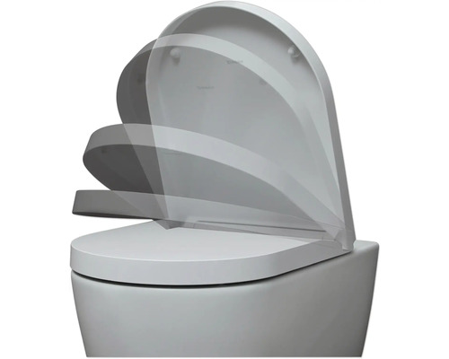 WC-Sitz mit Absenkautomatik auf einem WC-Becken, Darstellung des Schließvorgangs.