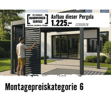 Hornbach Handwerker-Service für den Aufbau einer modernen Metall-Pergola auf einer Terrasse, Montagepreiskategorie sechs.