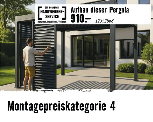 Hornbach Handwerker-Service für den Aufbau einer Lamellenpergola auf einer Terrasse, Montagepreiskategorie vier.