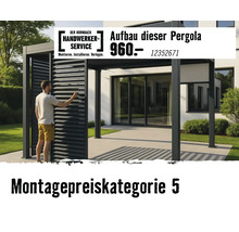 Hornbach Handwerker-Service Logo. Montage einer modernen Pergola mit Lamellen durch den Montageservice in Montagepreiskategorie fünf.