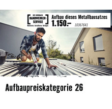 Hornbach Handwerker-Service Logo. Handwerker montiert einen Metallbausatz und dichtet ein Wellblechdach mit einer Kartuschenpistole ab.