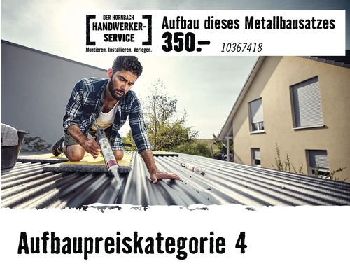 Hornbach Handwerker-Service Logo. Handwerker dichtet ein Wellblechdach ab. Montage eines Metallbausatzes für 350 Euro in Preiskategorie 4.