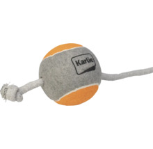 Karlie Hundespielzeug Tennisball am Seil mit Knoten, Filzoberfläche in Orange und Grau.