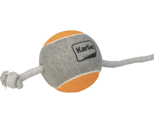 Karlie Hundespielzeug Tennisball am Seil mit Knoten, Filzoberfläche in Orange und Grau.