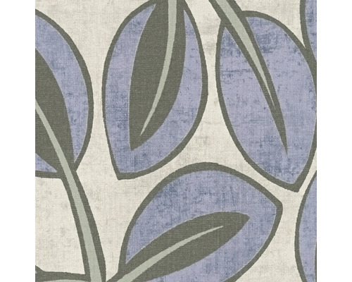 Vliestapete mit blau-grauem Blättermotiv und fühlbarer Textilstruktur.