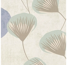 Tapete mit abstraktem floralem Muster in Blau, Grün und Beige auf strukturierter Oberfläche.