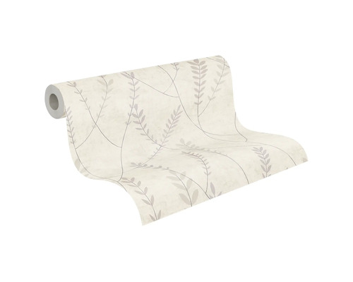 Vliestapete mit Blattmuster und Ranken in Beige und Grau