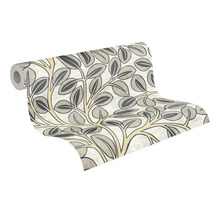 Tapetenrolle mit Blattmuster und Zweigen in Grau und Beige.