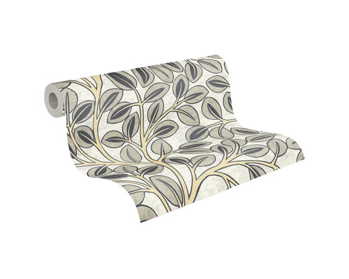 Tapetenrolle mit Blattmuster und Zweigen in Grau und Beige.