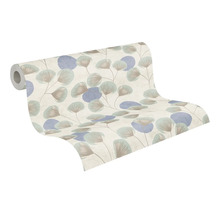 Vliestapete mit botanischem Muster aus fächerförmigen Blättern und Kreisen in Blau und Beige.