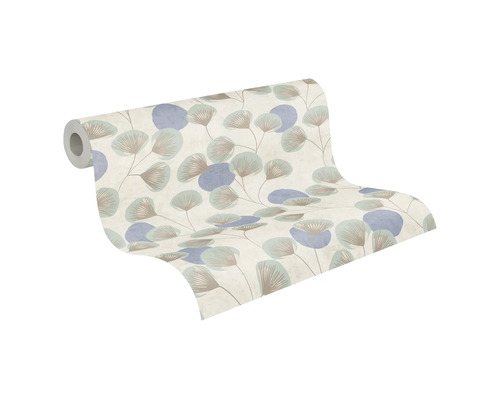 Vliestapete mit botanischem Muster aus fächerförmigen Blättern und Kreisen in Blau und Beige.
