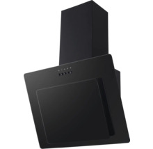 Schwarze Wand-Dunstabzugshaube in schrägem Design mit Kamin und Drucktasten-Steuerung.