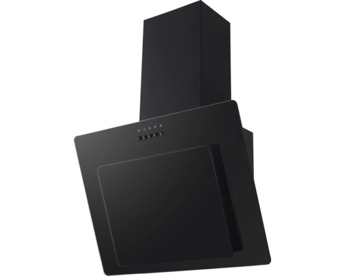 Schwarze Wand-Dunstabzugshaube in schrägem Design mit Kamin und Drucktasten-Steuerung.