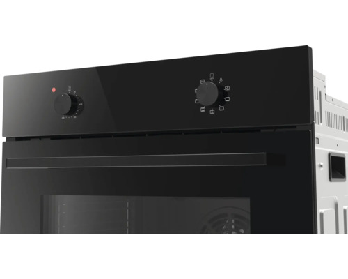 Einbaubackofen mit schwarzer Glasfront, zwei Drehreglern für Temperatur und Backfunktionen sowie einem schwarzen Griff.