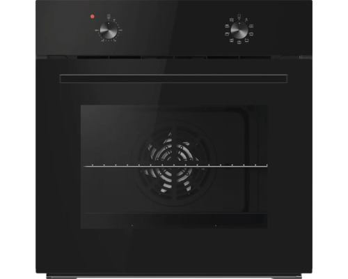 Einbaubackofen in Schwarz mit Glasfront, zwei Drehreglern und Sichtfenster.