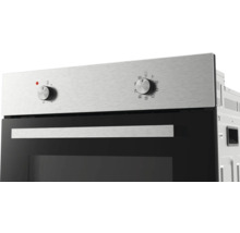 Einbaubackofen mit Bedienfeld aus Edelstahl, zwei Drehreglern für Temperatur und Funktionen sowie schwarzer Glastür mit Griff.