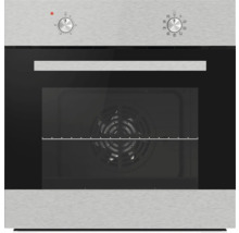 Einbaubackofen aus Edelstahl und Glas mit zwei Drehreglern und einem horizontalen Griff.