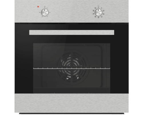 Einbaubackofen aus Edelstahl und Glas mit zwei Drehreglern und einem horizontalen Griff.