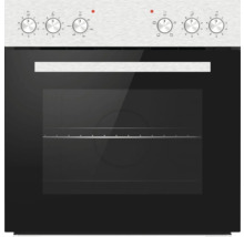 Einbaubackofen mit Edelstahl-Bedienblende, sechs Drehreglern und schwarzer Glasfront.