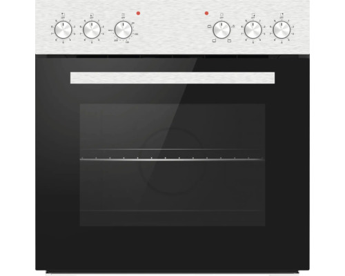 Einbaubackofen mit Edelstahl-Bedienblende, sechs Drehreglern und schwarzer Glasfront.